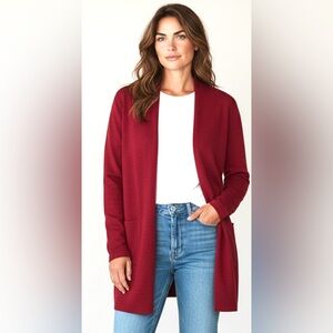 EILEEN FISHER Cardigan Sweater Coat Open Red 100% Wool Tunic Tight Knit XS